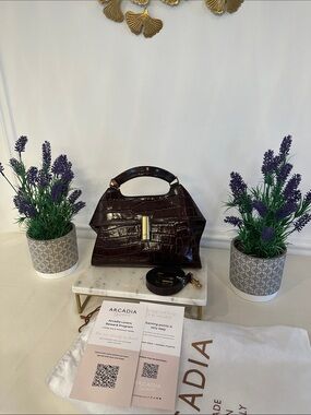 Arcadia Dark Brown Croc-Embossed Satchel with Gold Hardware